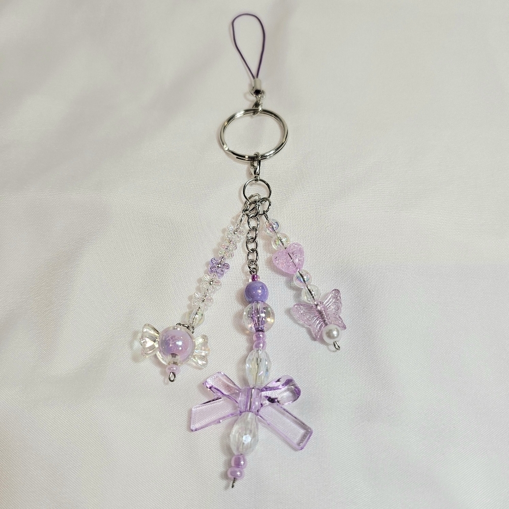 Set of Purple Lilac Lavander Beaded Phone Charm, Keychain, Badge, Purse Charm - Picture 3 of 6